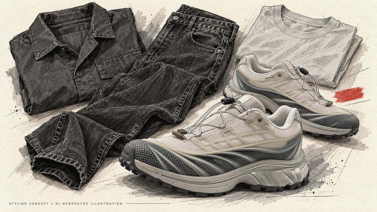 AI-generated styling illustration of grey Salomon XT-EVO trainers with washed black denim, a charcoal overshirt and a grey T-shirt